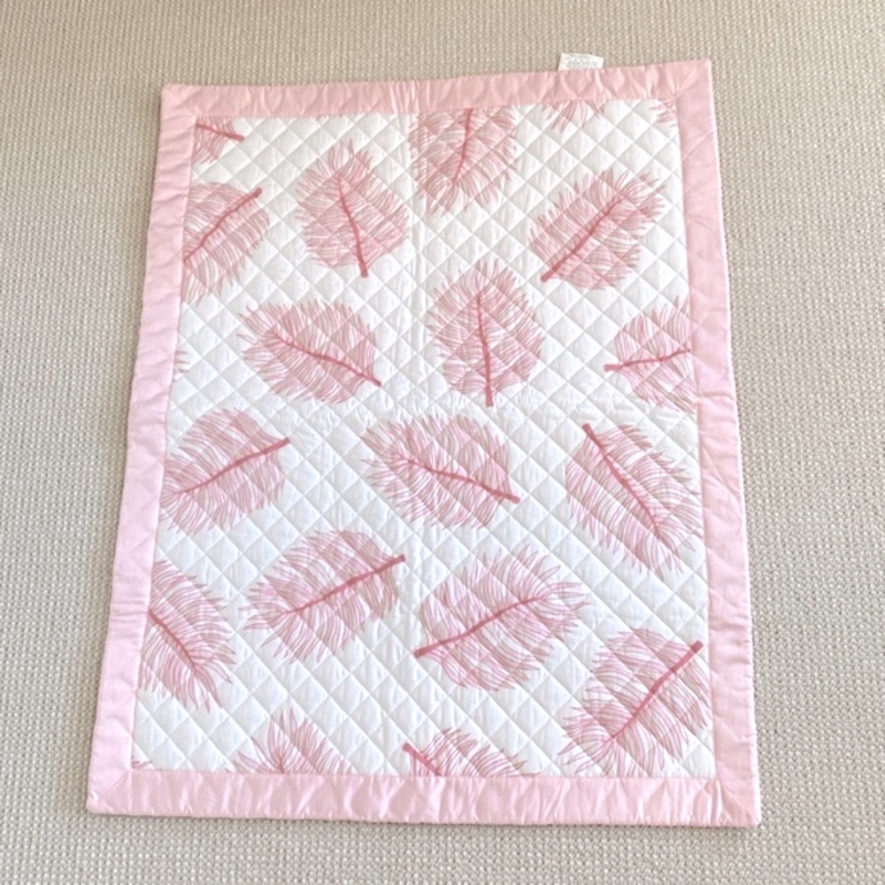 Matouk Baby Cotton Crib Quilt Blanket with Pink Leaf Motif in Pristine Condition